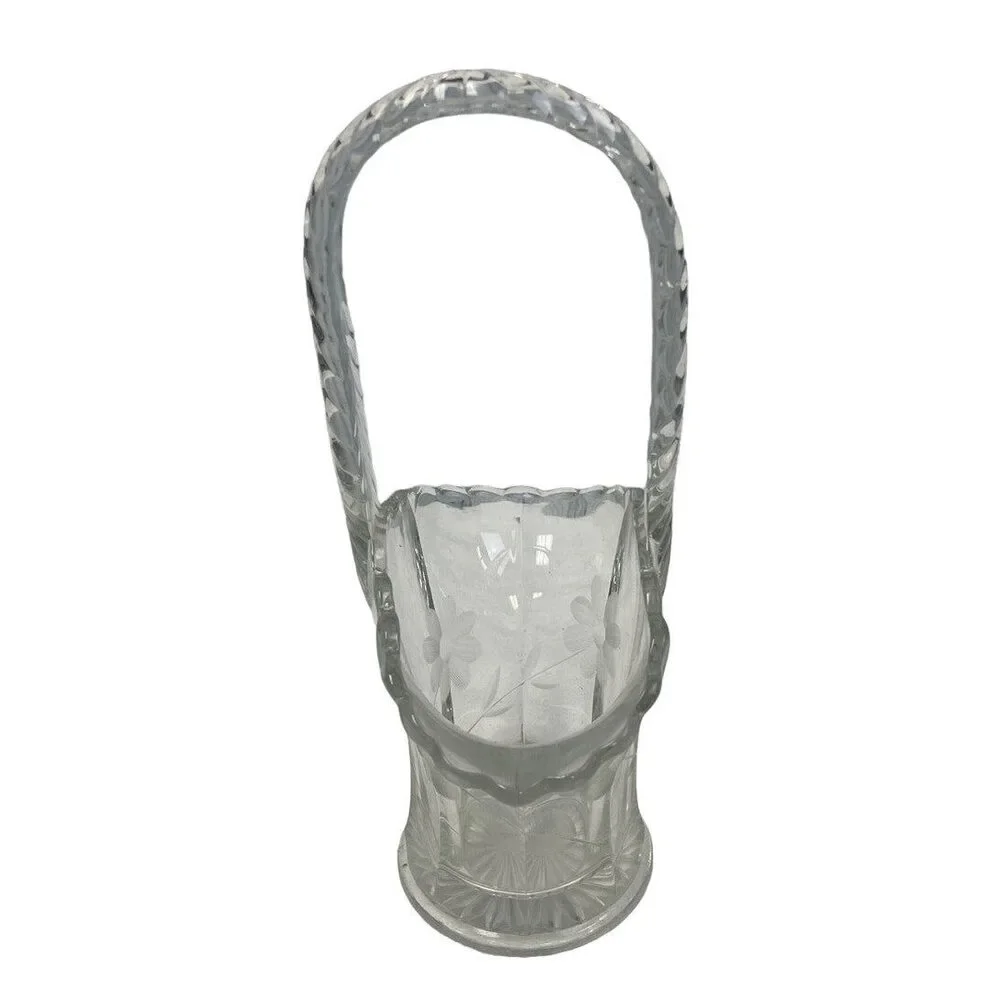 Vintage Clear Glass Floral Etched Trinket Tabletop Flower Basket w Handle